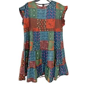 Woman's Mini Patchwork Cottagecore Dress Size L Flutter Sleeve Peasant Hippie